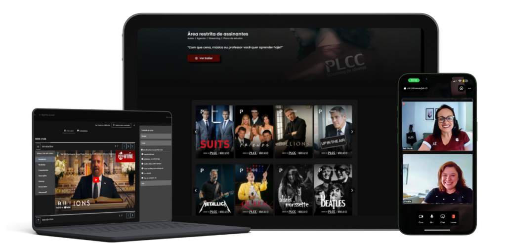 Plataforma de idiomas com streaming de filmes para aprender inglês e espanhol. Aulas, conversação, idioma, cinema, música, videoconferencia, professor, nivelamento, negocios, reunião, faq