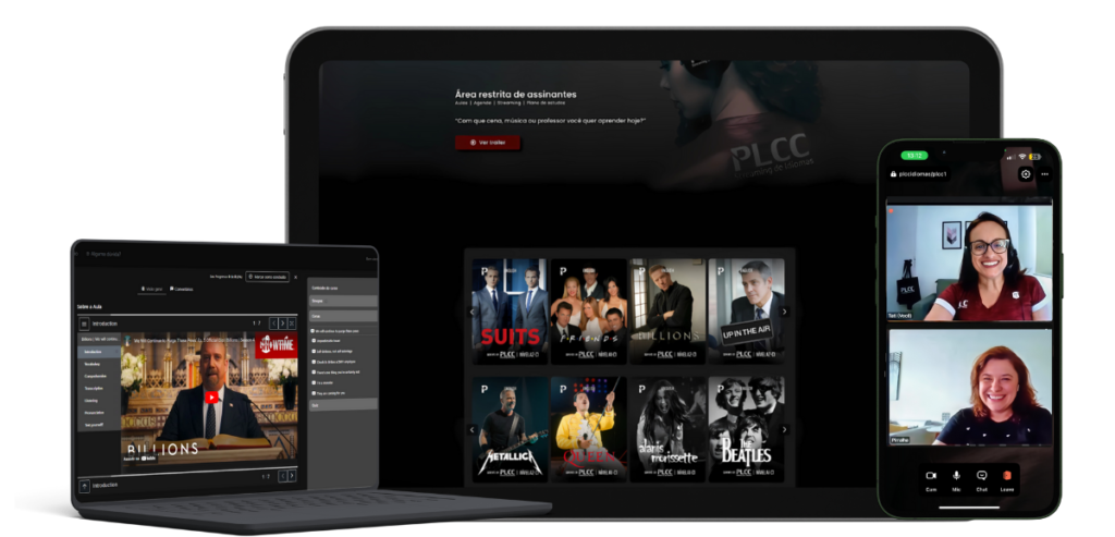 Plataforma de idiomas com streaming de filmes para aprender inglês e espanhol.